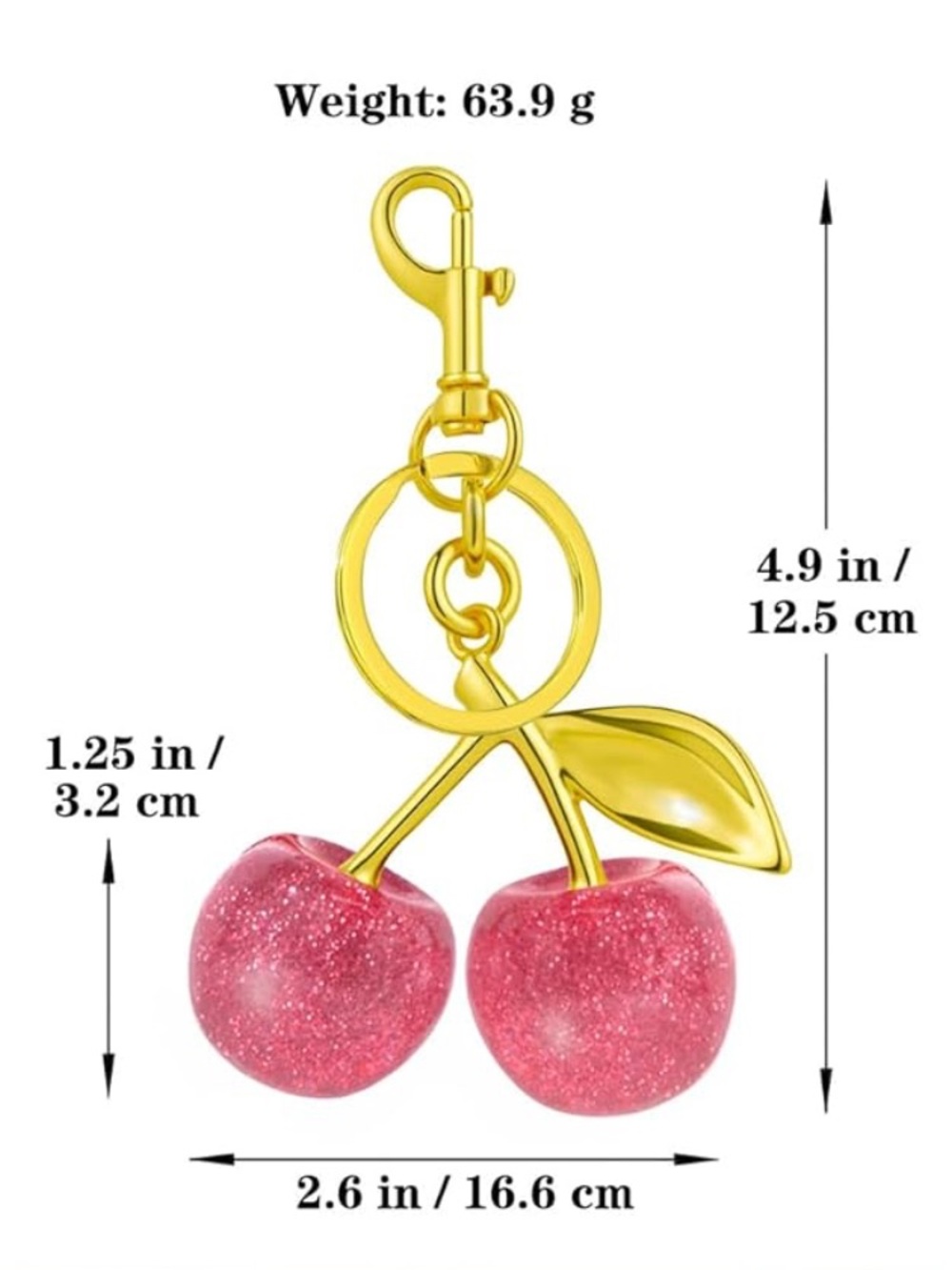 Glitter Cherry Bag Charm Keychain Resin Fruit Purse Key Ring Gold Tone Large - Picture 5 of 6